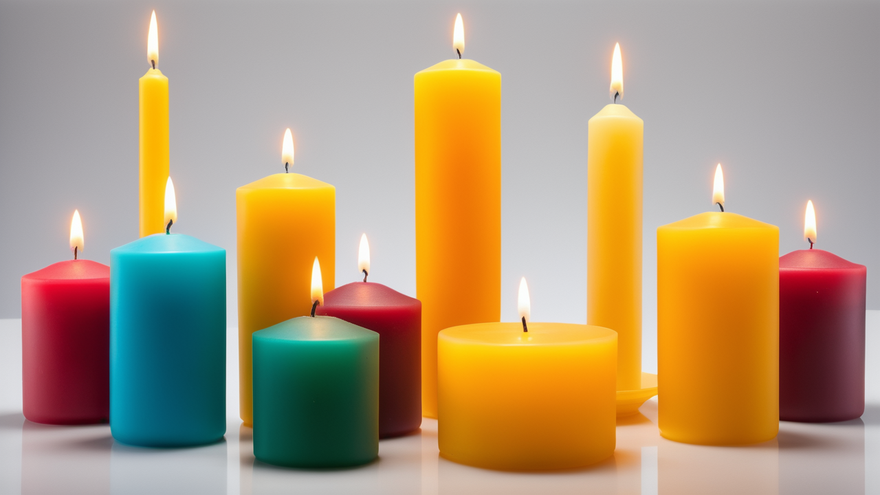 candle molds, Twelve Blow Mold Candles lit, vibrant colors on white surface, gray background.