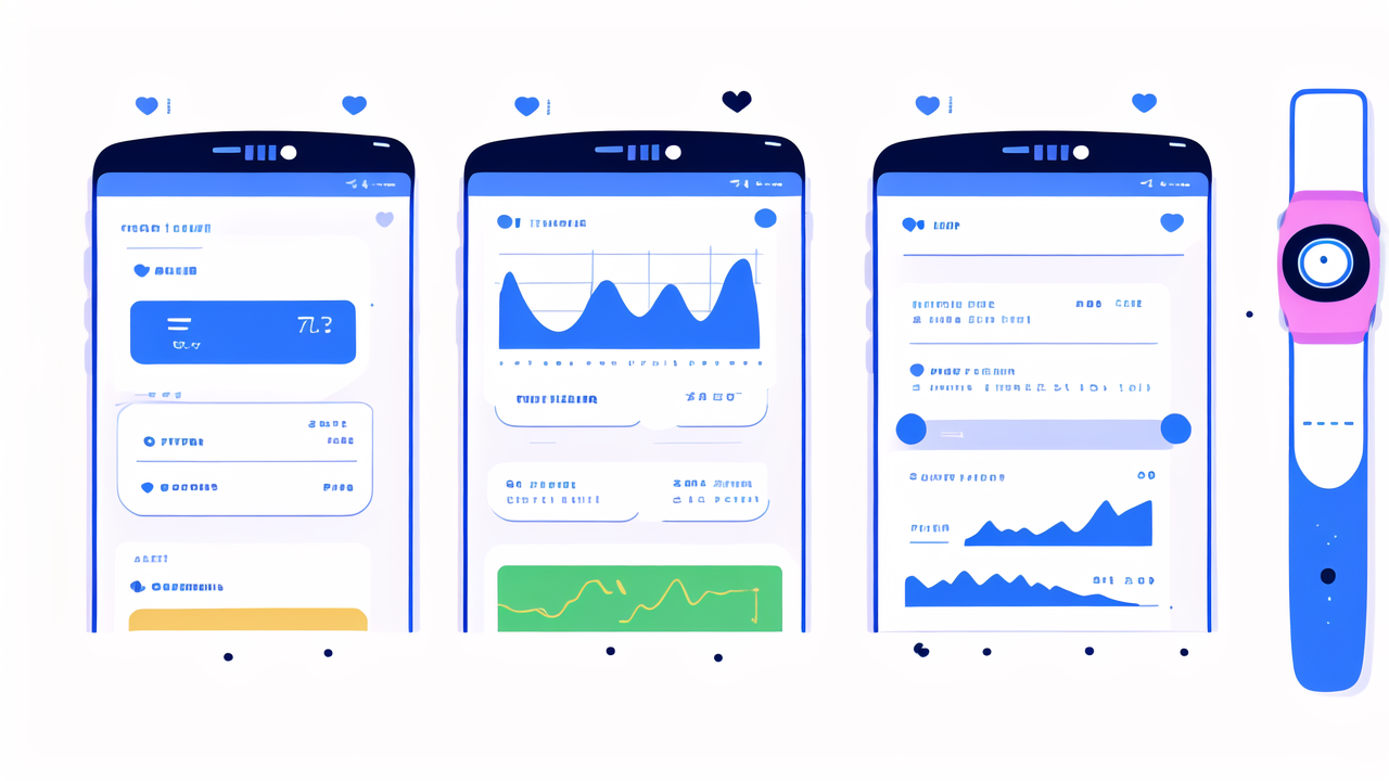 fitness tracking devices, Mobile app interface with audio waveform, preferences, and usage graph screens