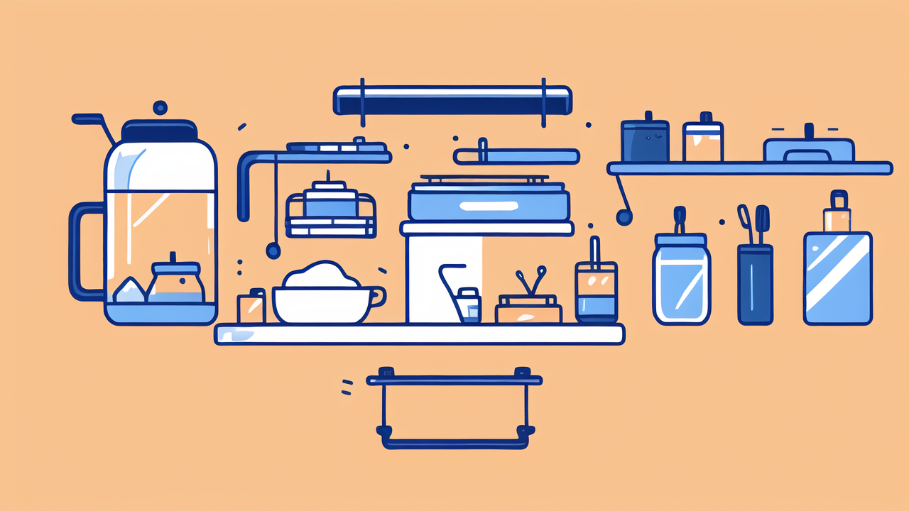 medium bongs, Minimalist kitchen shelf with utensils and appliances in blue, white, and orange.