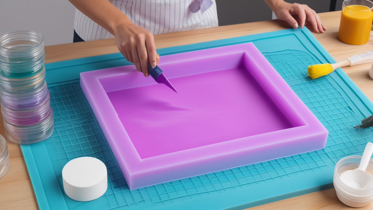 resin molds for rings, Large Silicone Molds on metal rack in an industrial setting with blue tray