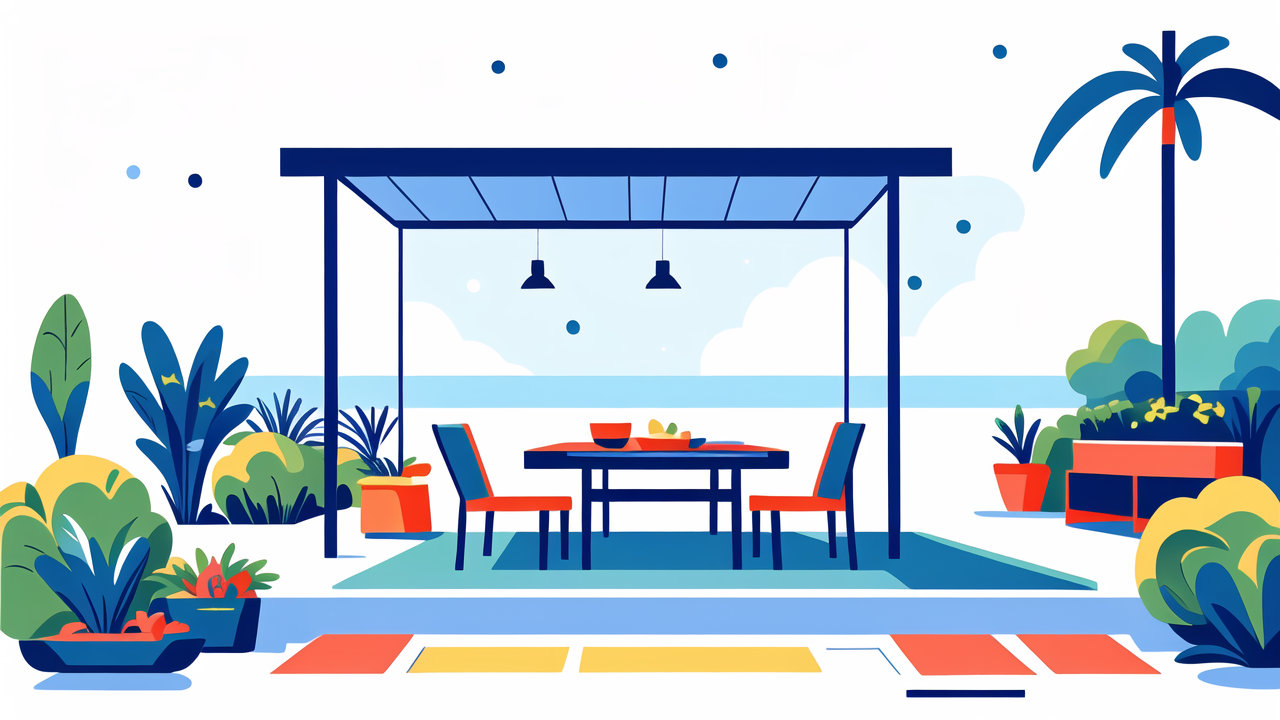 outdoor furniture with storage, Vibrant scene with yellow truck, blue trailer, green road, blue and green trees