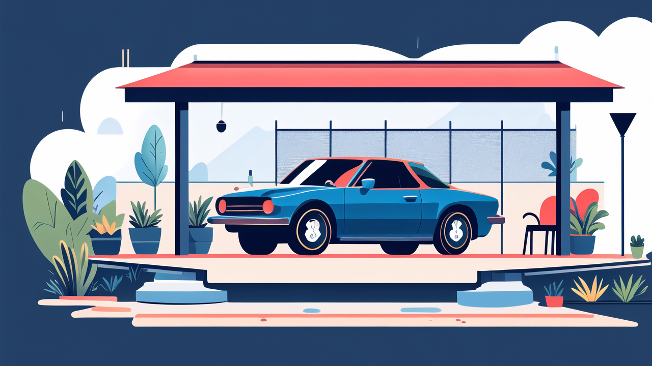 Blue car under red awning with fiberglass tree stakes, greenery, and fiberglass rods