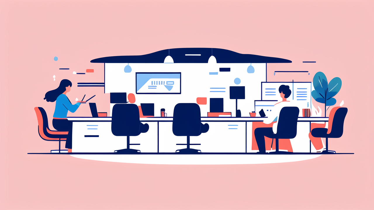 Modern office with space saving dresser, screens, vibrant decor, and collaborative desks.