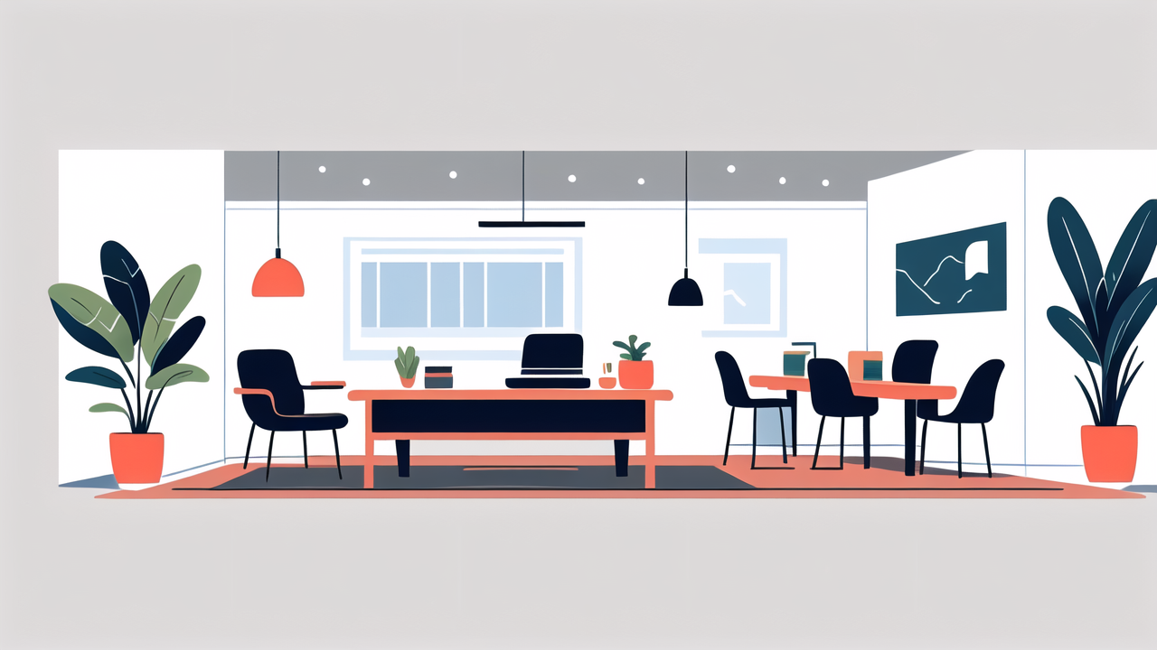 Modern office with teak wood desks and vibrant accents in Teak Furniture setting