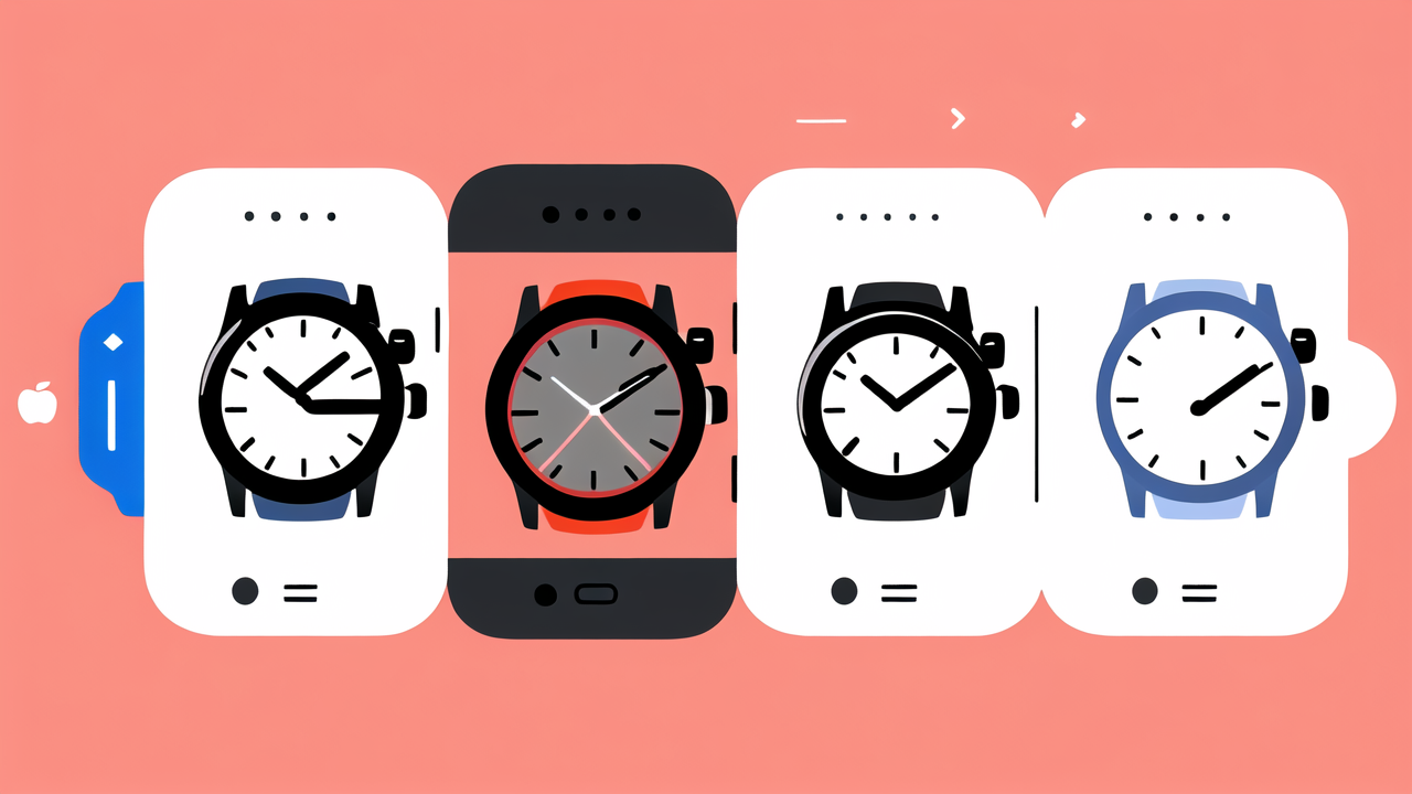 Smartwatch fitness display on four smartphones in symmetry against pink background