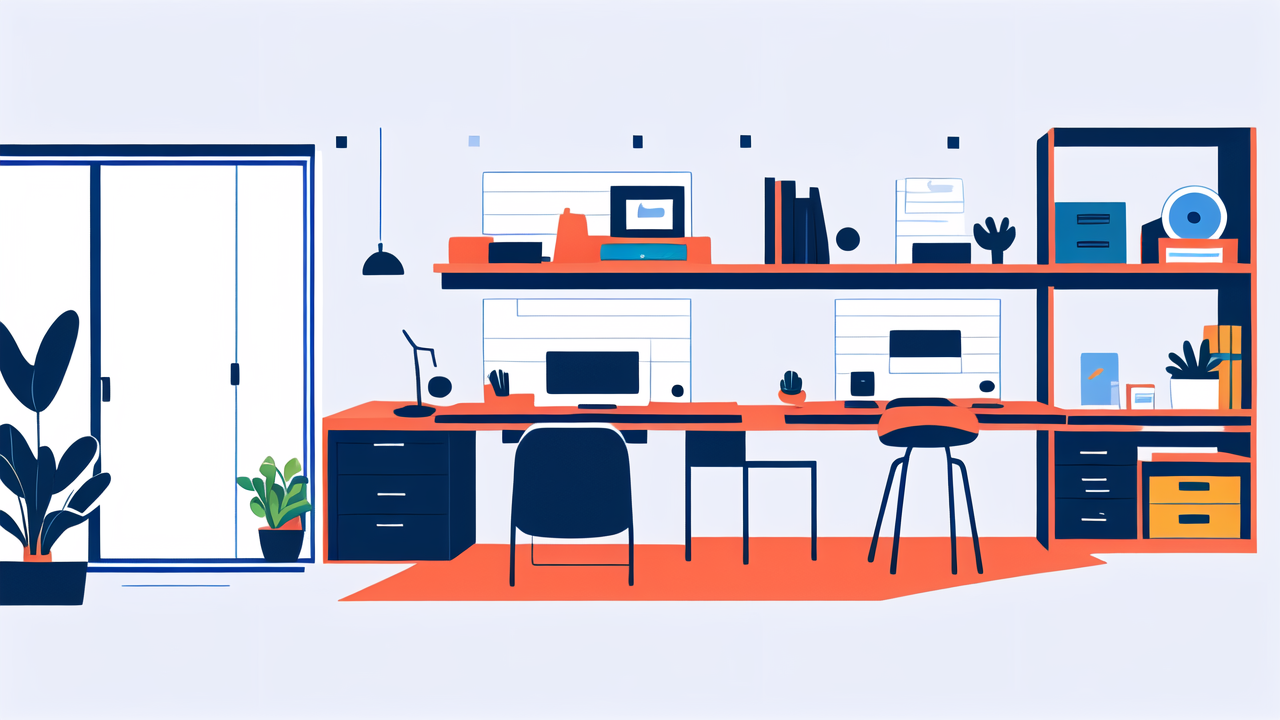 modern desk with shelves in small apartment desk setup; laptop, books, plants