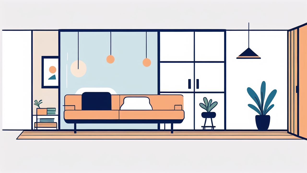 space saving dresser, Modern living room with space-saving furniture, orange sofa, and bookshelf.