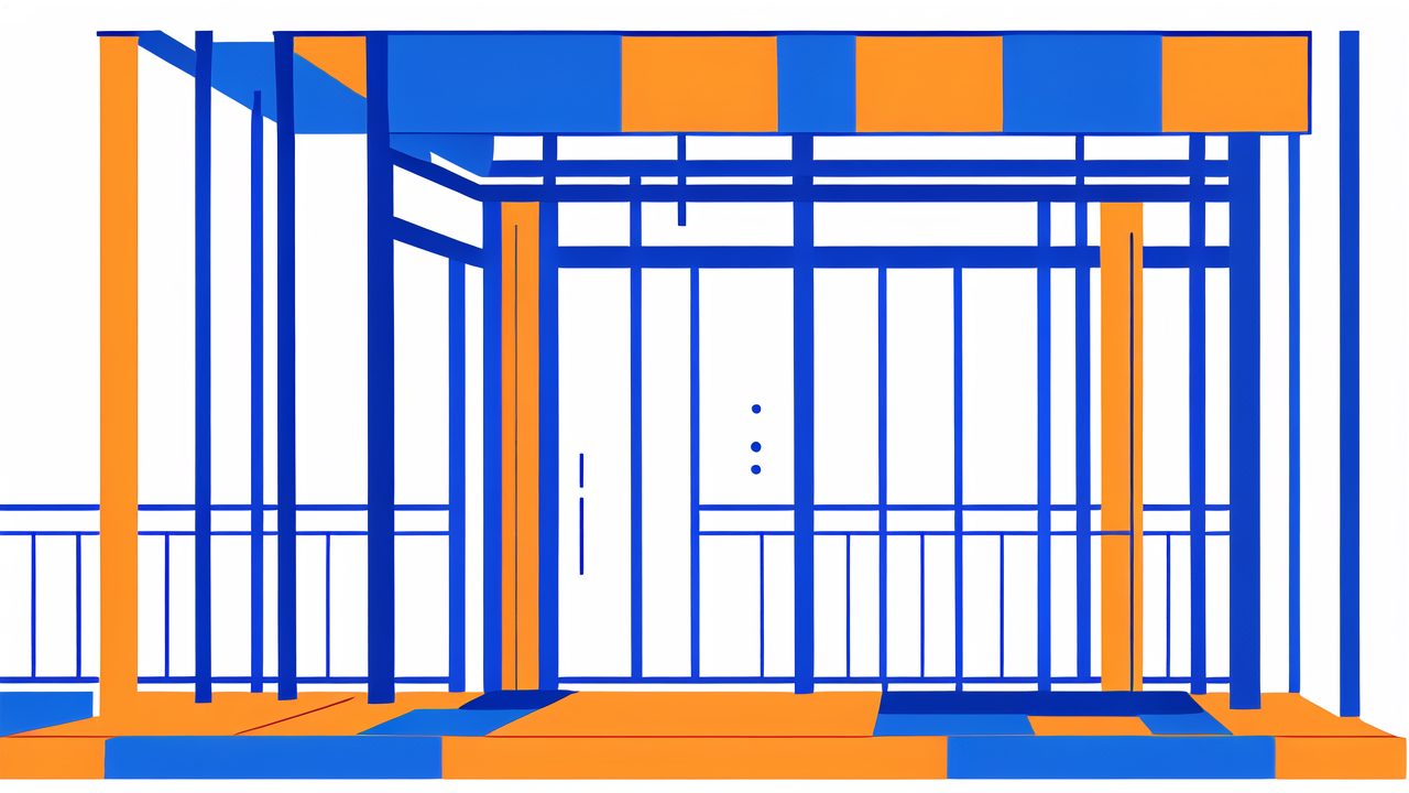 Modern architecture with bold blue and orange lines, featuring fiberglass tubes.