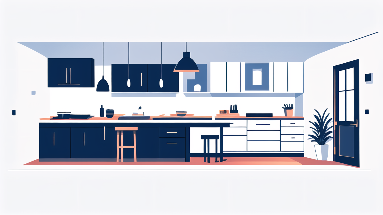 designing a modern kitchen, Modern kitchen with minimalist design, blue and white tones, outdoor lounge garden.
