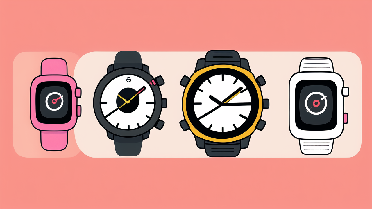 Smartwatch Fitness Tracker app interfaces on mobile screens against pink background