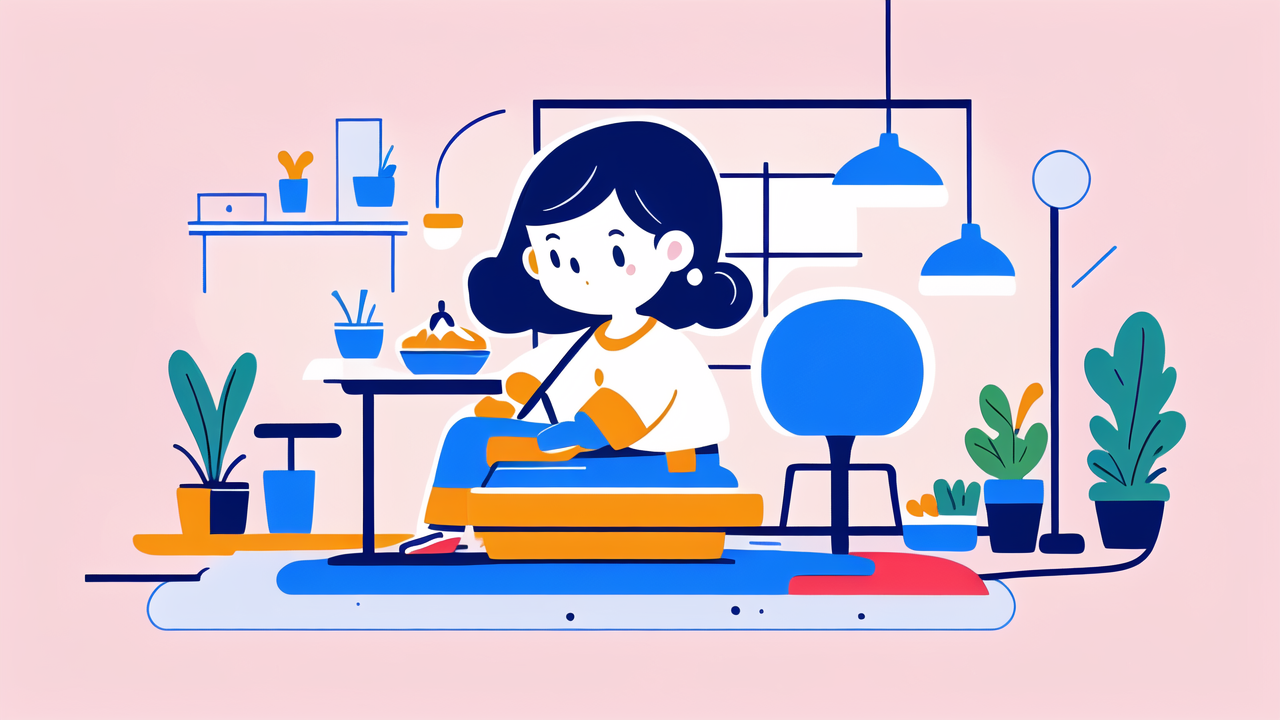 baby feeding mats, Young girl at a vibrant desk; creative workspace with books, plants, laptop.