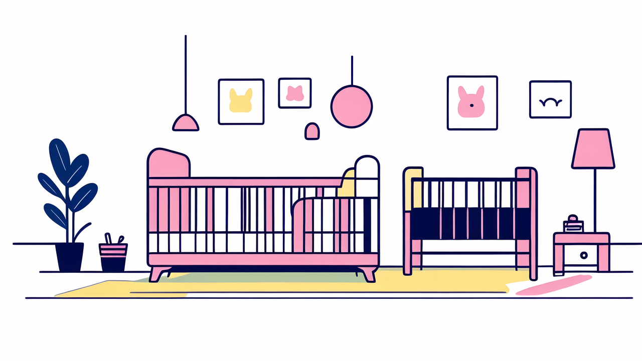 Minimalist bedroom with a baby bag, crib, and baby sleep accessories in warm tones.