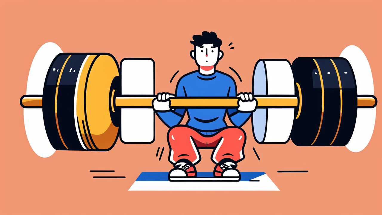 weight room equipment, Cartoon character squatting with large barbell, focusing on weightlifting safety tips.