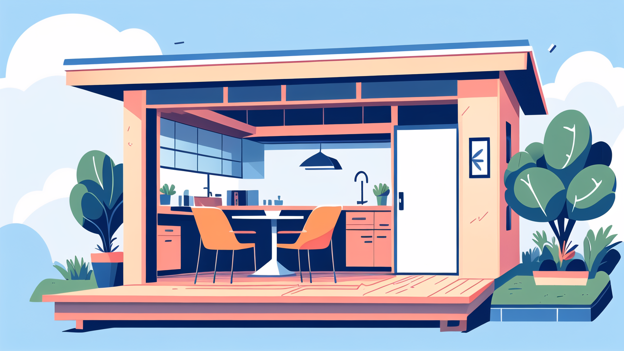 home storage, Modern kitchen and dining area showcasing compact storage solutions, vibrant colors