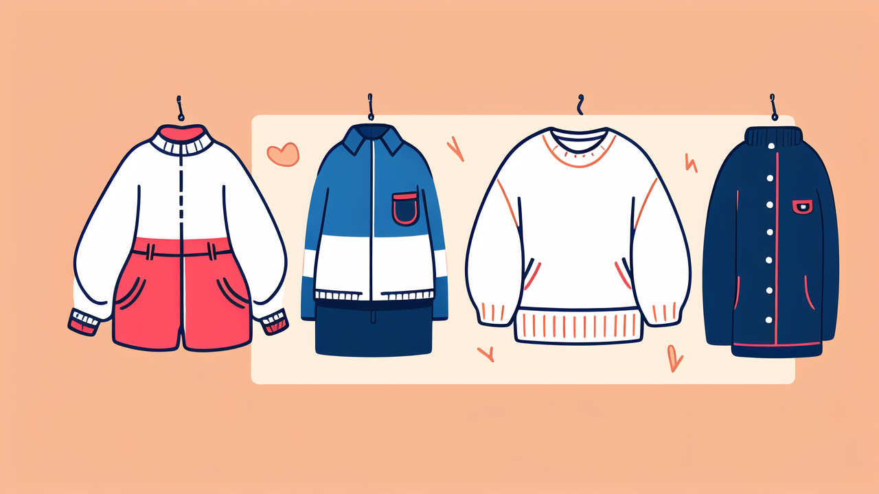 clear babys nose, Collection of stylish clothing items with red, blue, and white accents on peach background