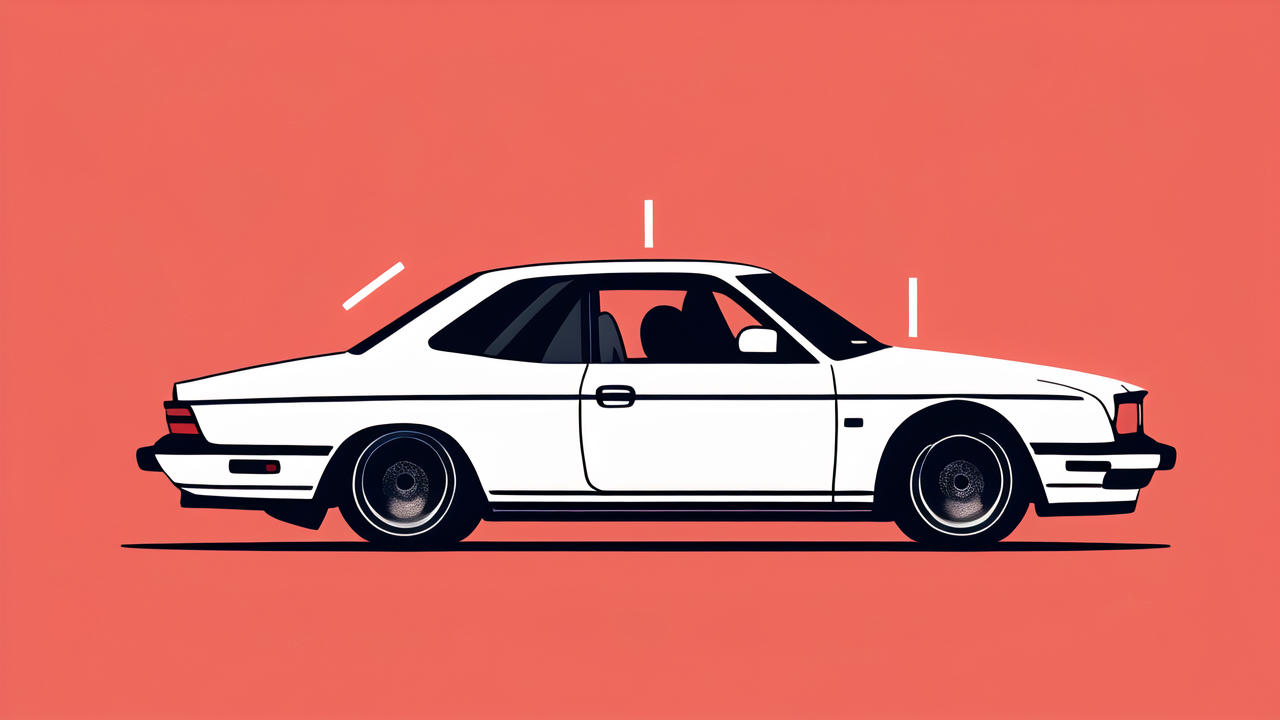 White car with black roof and wheels on red background, features custom carbon fibre.