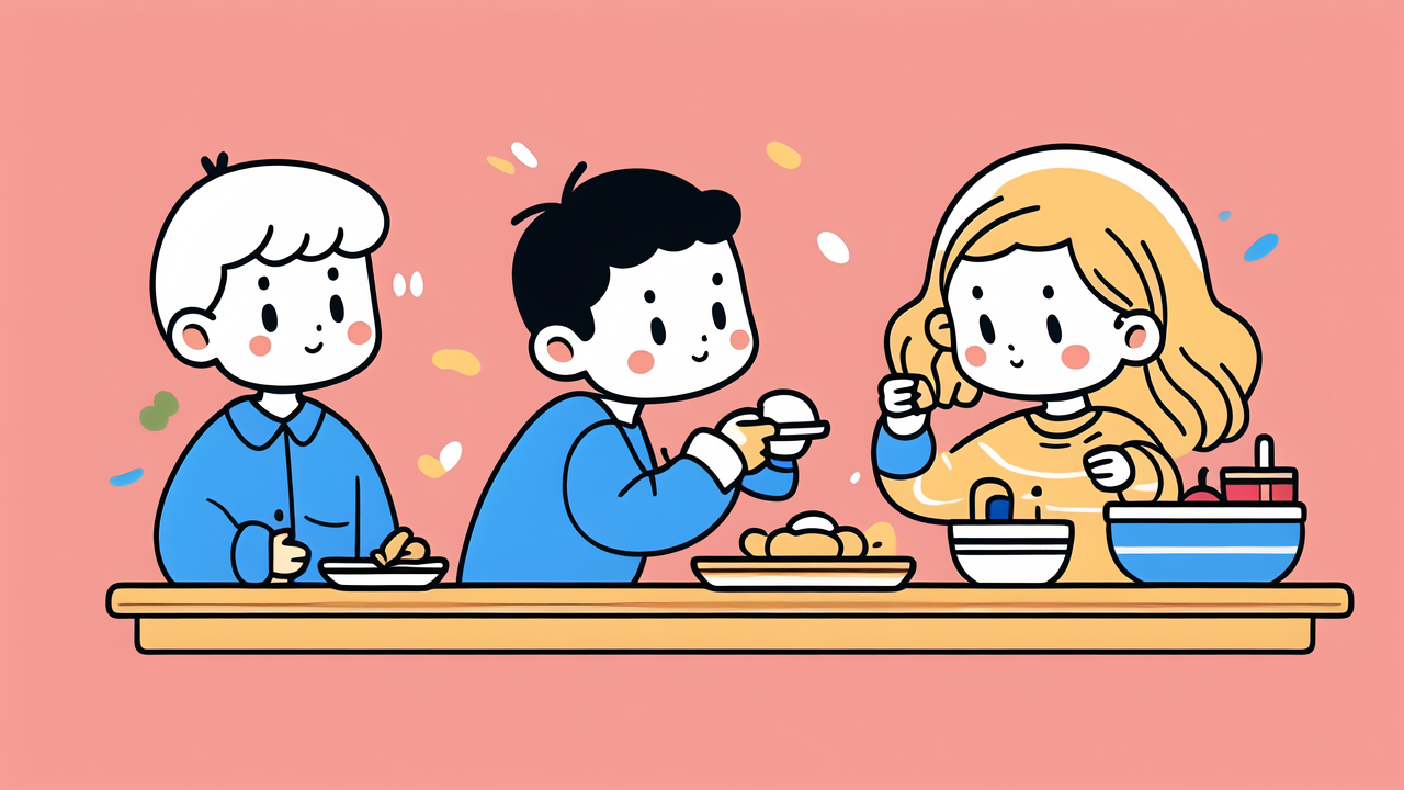 Kids Essentials: cheerful children enjoying meal with colorful infant dishes
