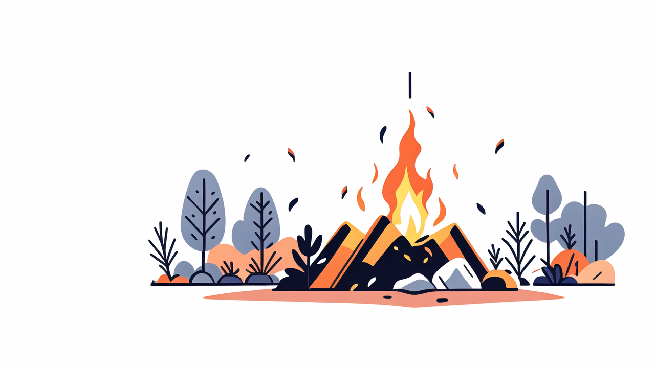 Bonfire Painting: vibrant flame art in a rainy, minimalist forest scene