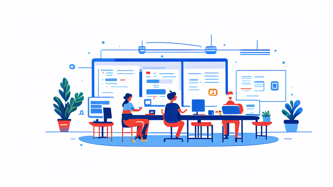Team brainstorming in modern office with Chromebase monitors and cloud office solutions.