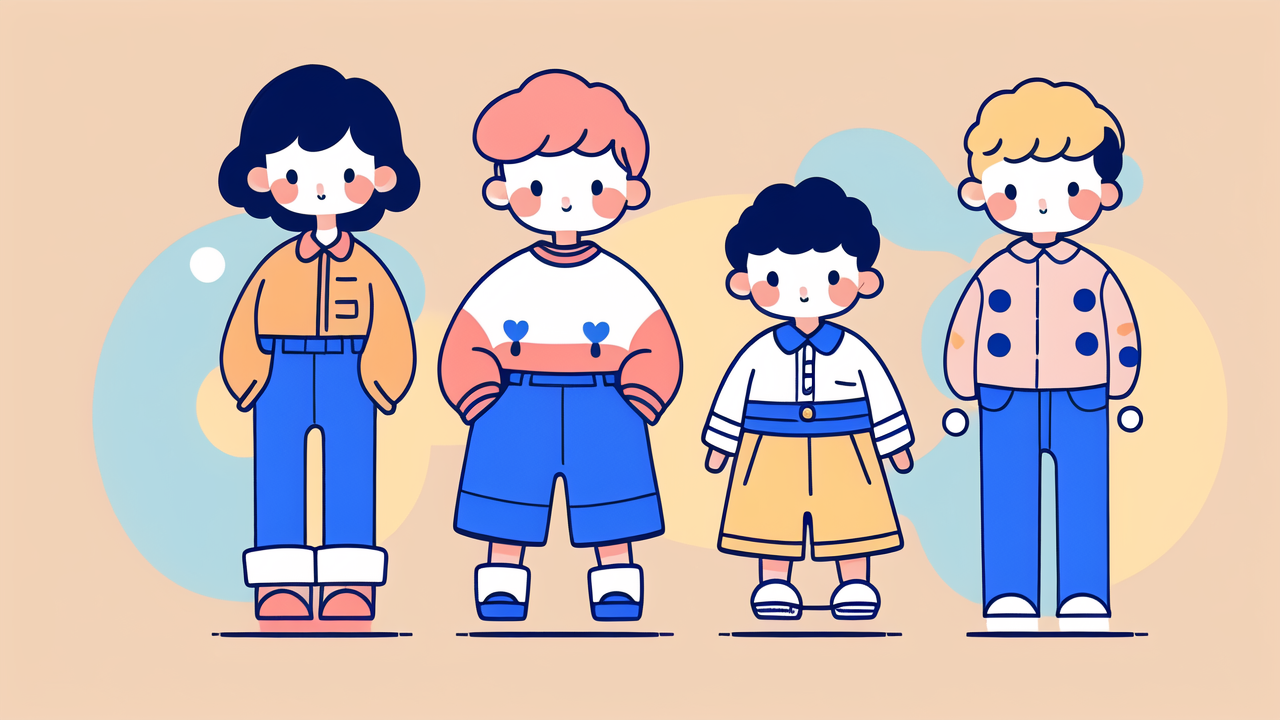 Colorful cartoon characters in stylish baby clothes showcasing cute baby outfits.