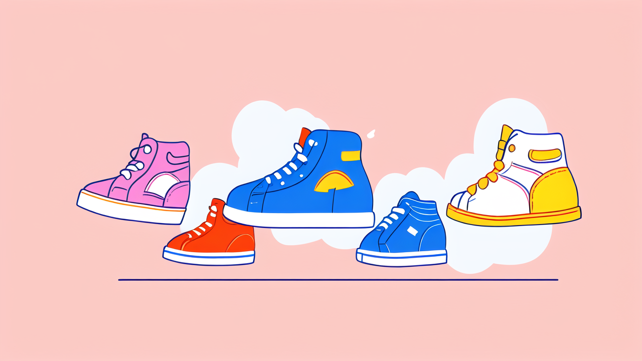 toddlers shoes, Vibrant illustration featuring toddler shoes; infant shoes in blue, red, and pink accents.