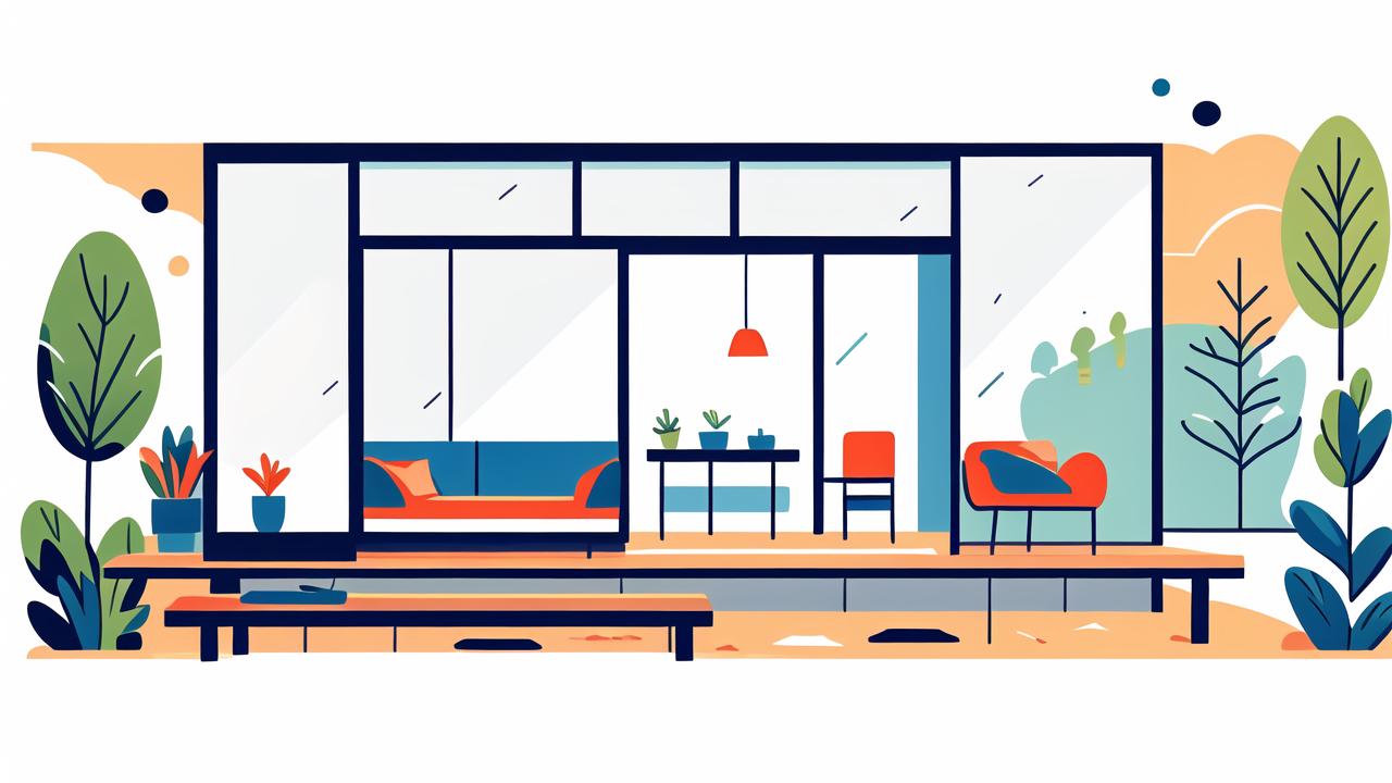 south africa furniture, Minimalist house exterior with glass door, potted plants, ideal for Antique Wood Restoration, reflecting serenity and charm.