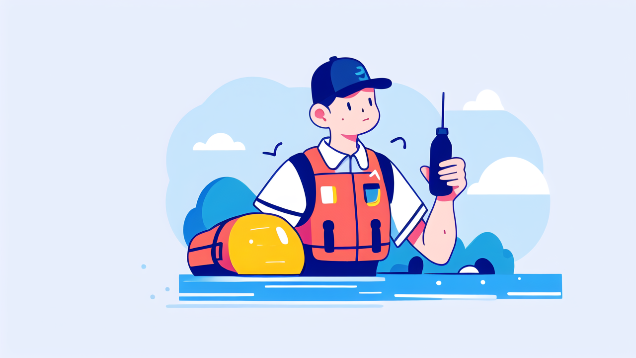 Marine rescue worker with whistle and inflatable life vest ensures air safety.