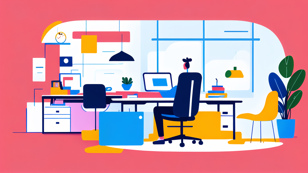 modern setup home office with swing chairs, pink and blue decor, natural light