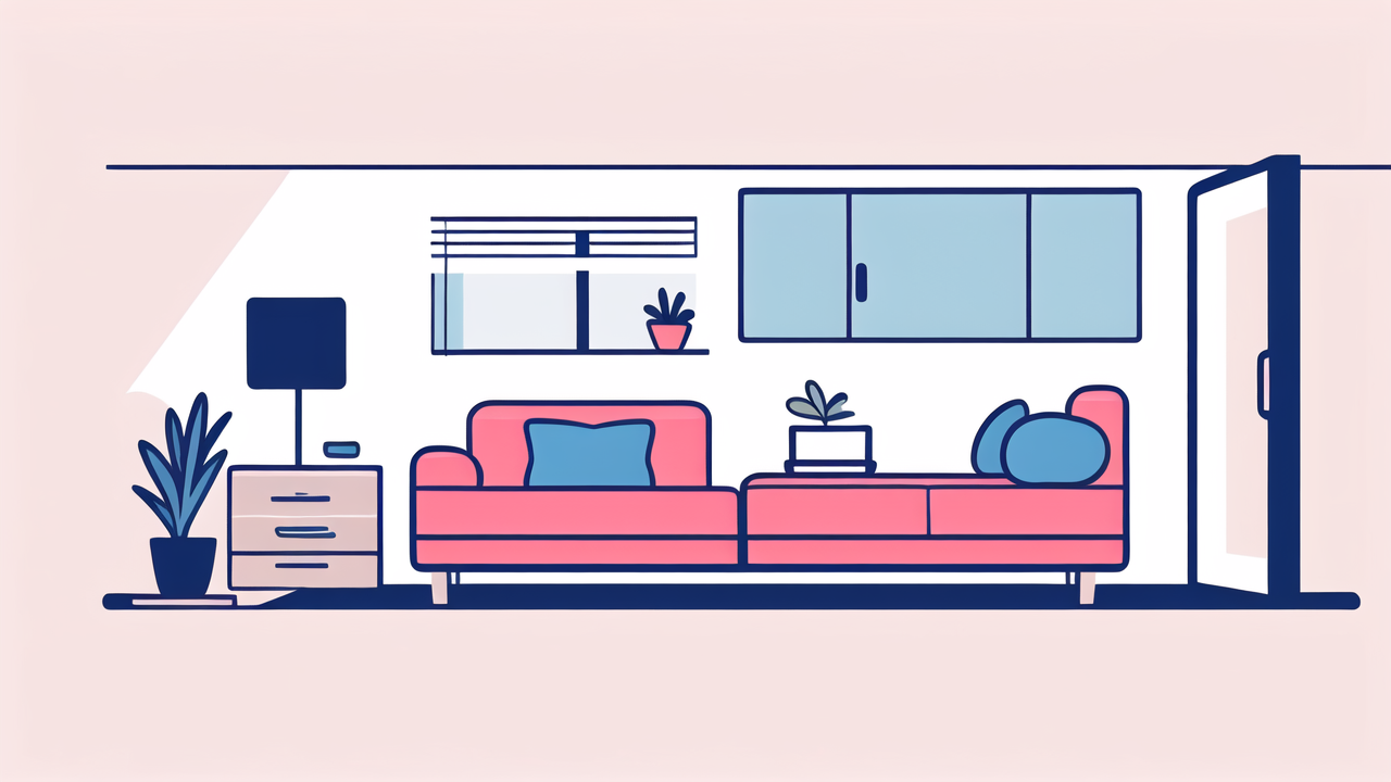 Modern living room with blue square sectional sofa, yellow cushion, and pendant light.