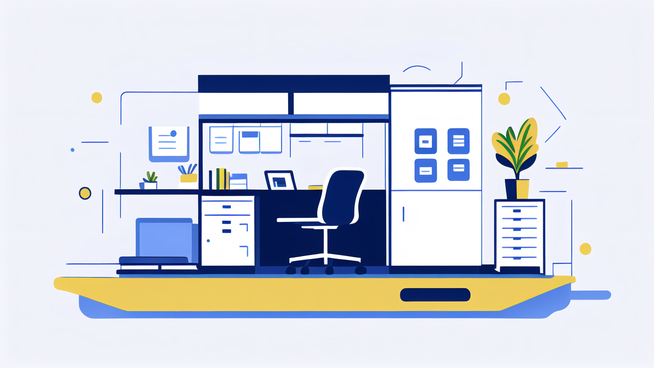 modern office with end tables, desks, chairs, lamps, and potted plants; English Home Organizer