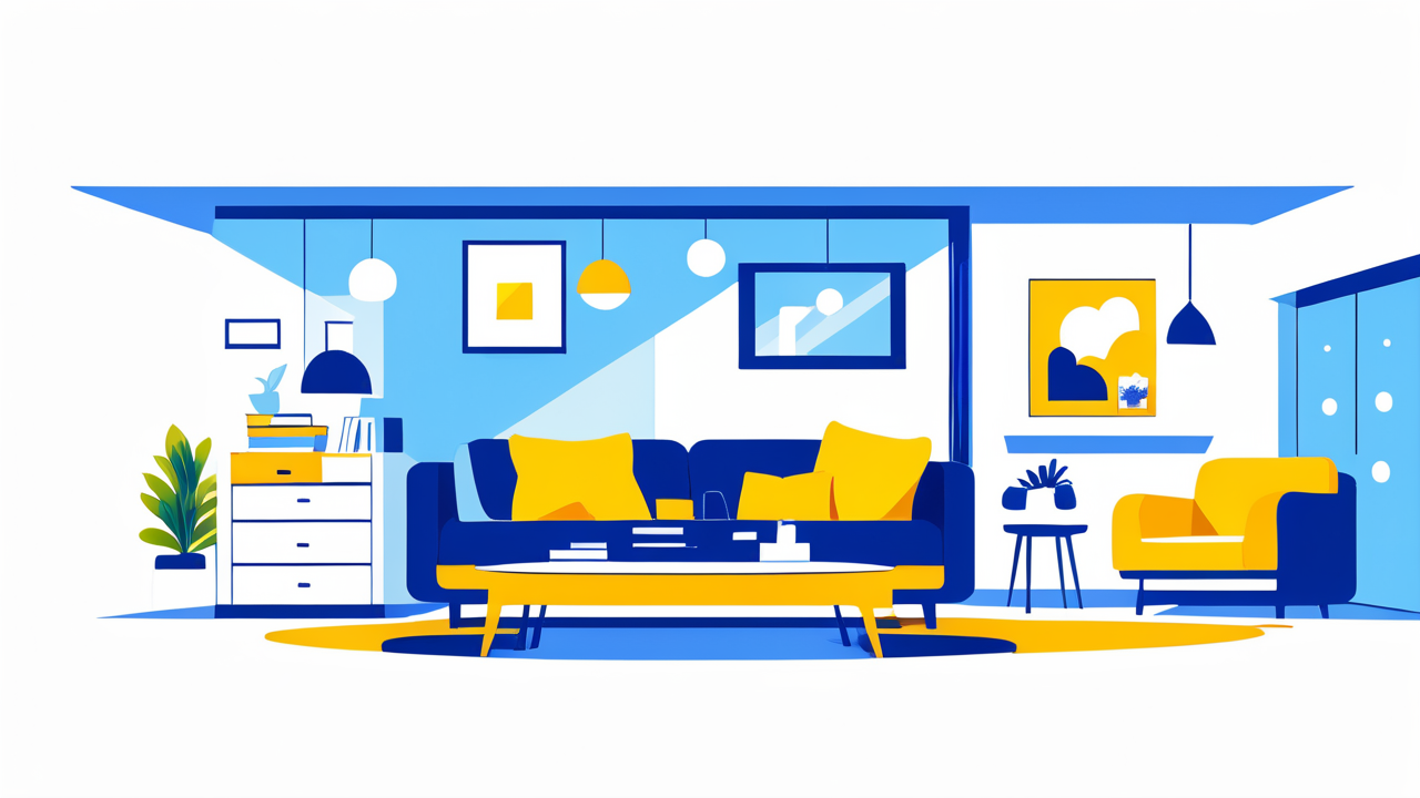 setup home office, Modern living room with blue sofa, yellow armchair, and space-saving beds setup.