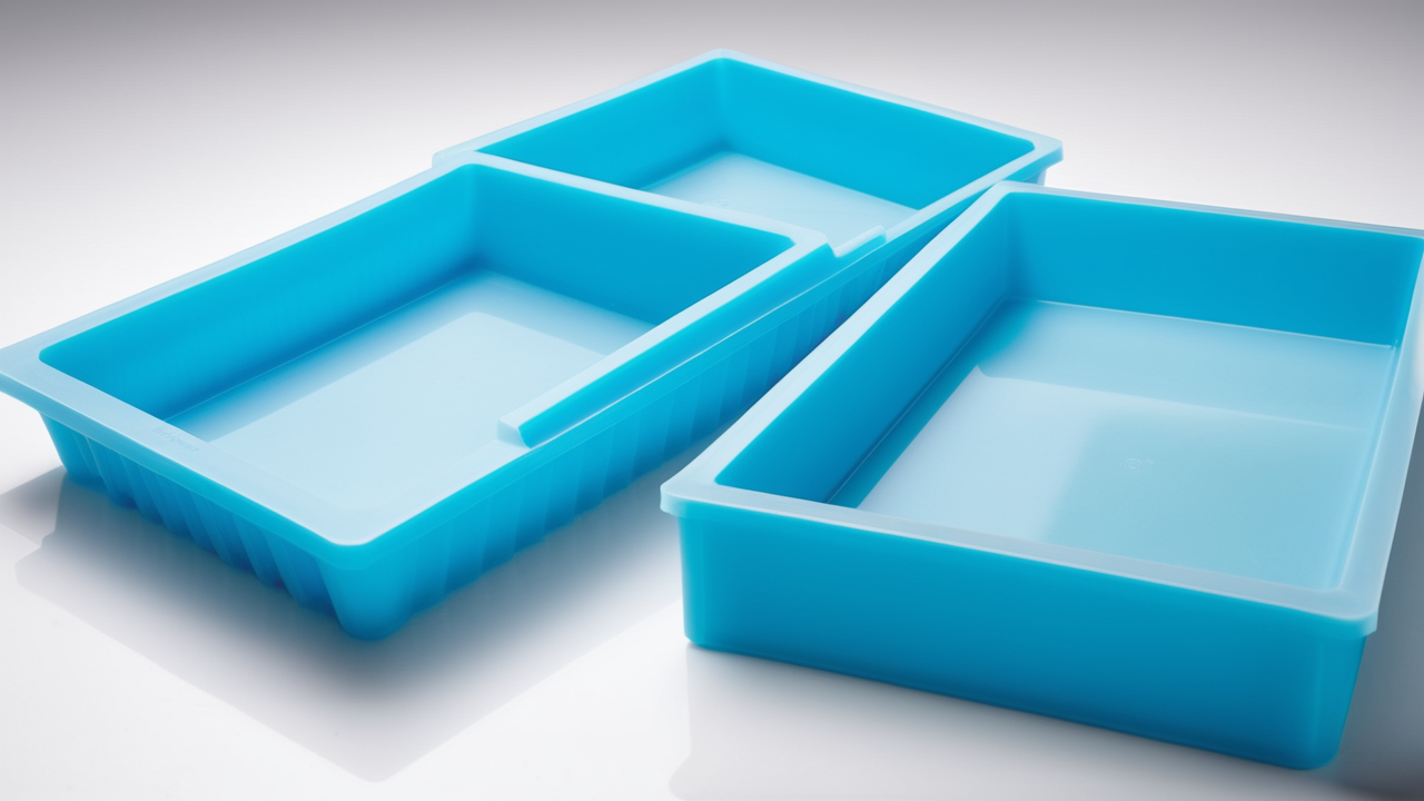 Trio of blue resin tray molds arranged in staggered formation on white background