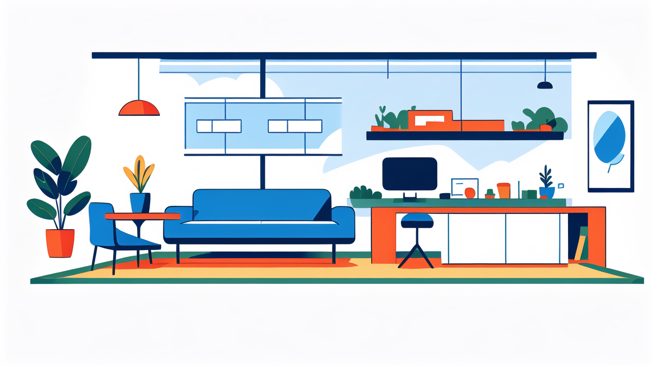 glass coffee table square, Modern living room with blue sofa, wooden desk, and square glass coffee table.