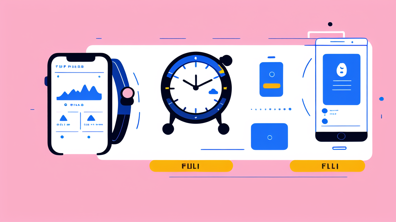 Fila Smartwatch with digital devices and icons, featuring blue and yellow contrast.