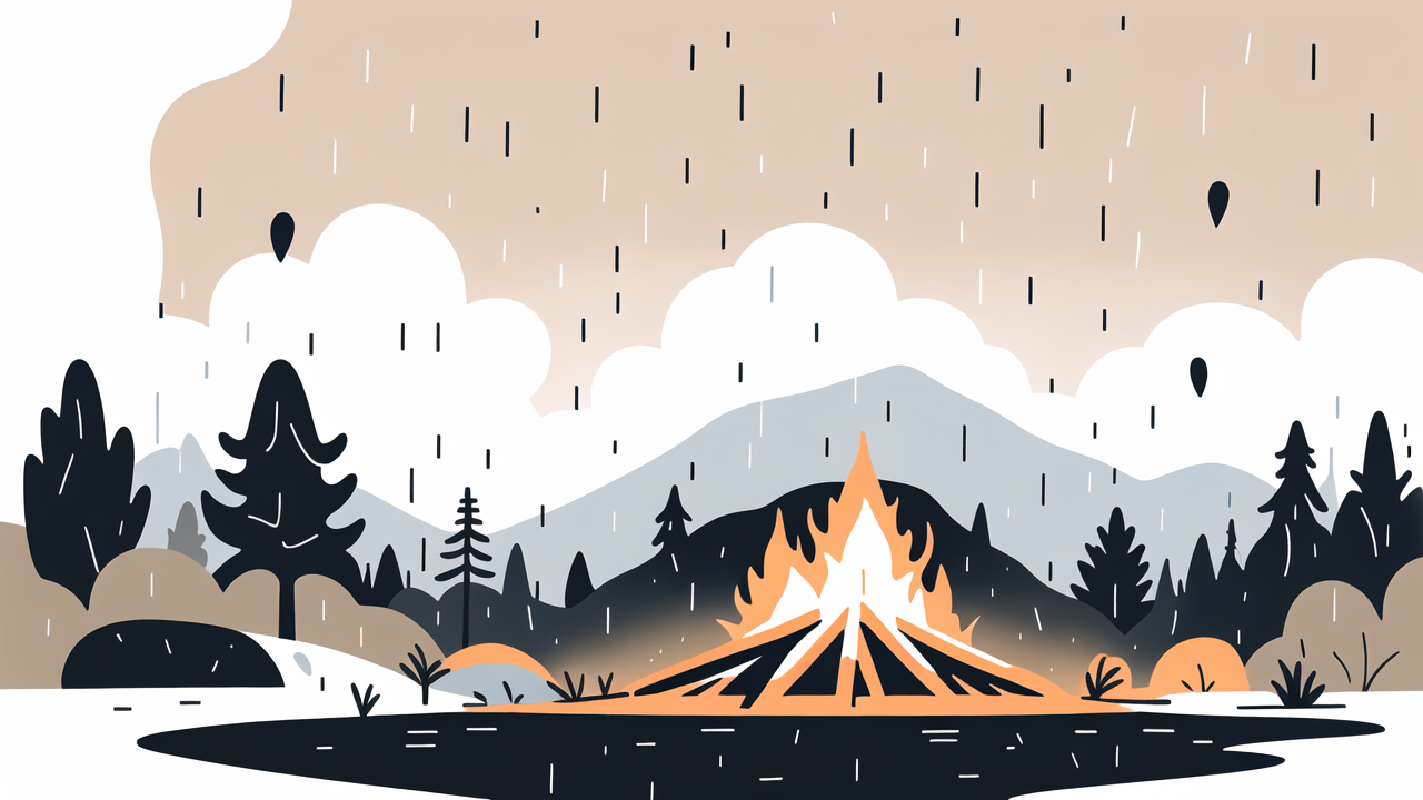 Bonfire painting with vibrant flame art, surrounded by serene forest scenery.