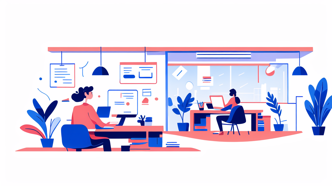Modern office with ergonomically designed desks; Remote Work Desk Solutions focus.