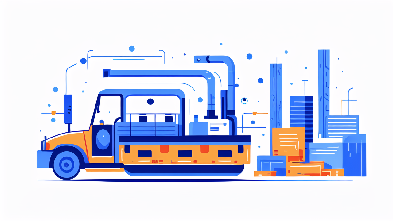 orange and blue truck with crane in vibrant urban scene, blue carbon fiber theme