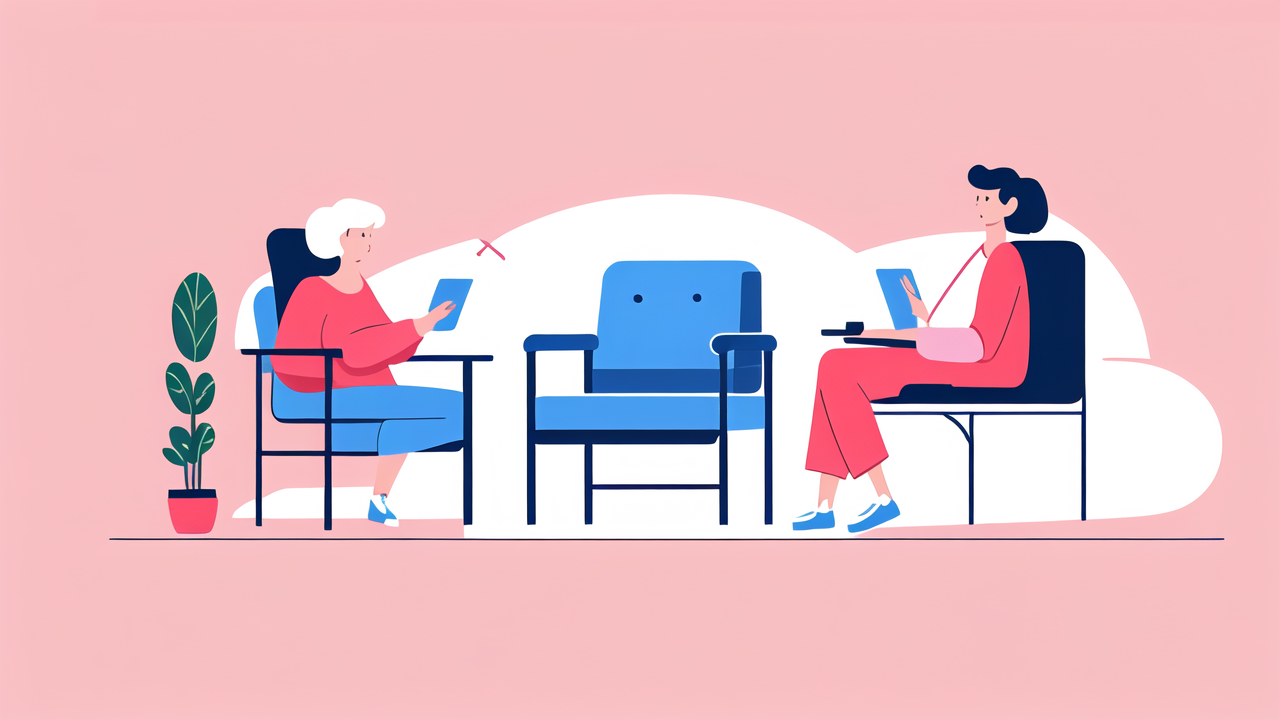 Serene workspace with recliners and furniture for elderly, blue-pink palette, and plant.