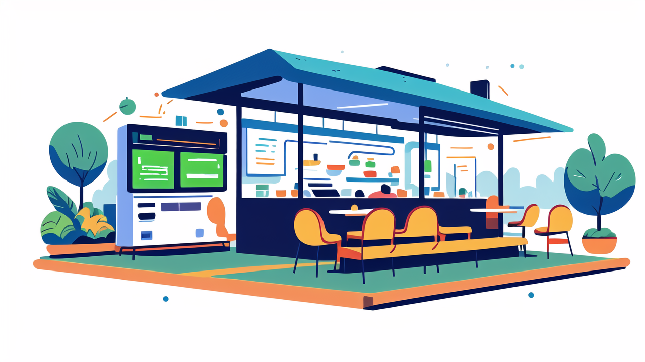 House/Bridge/Roof, Modern cafe with WPC decking, bright blue and orange decor, lush potted plants