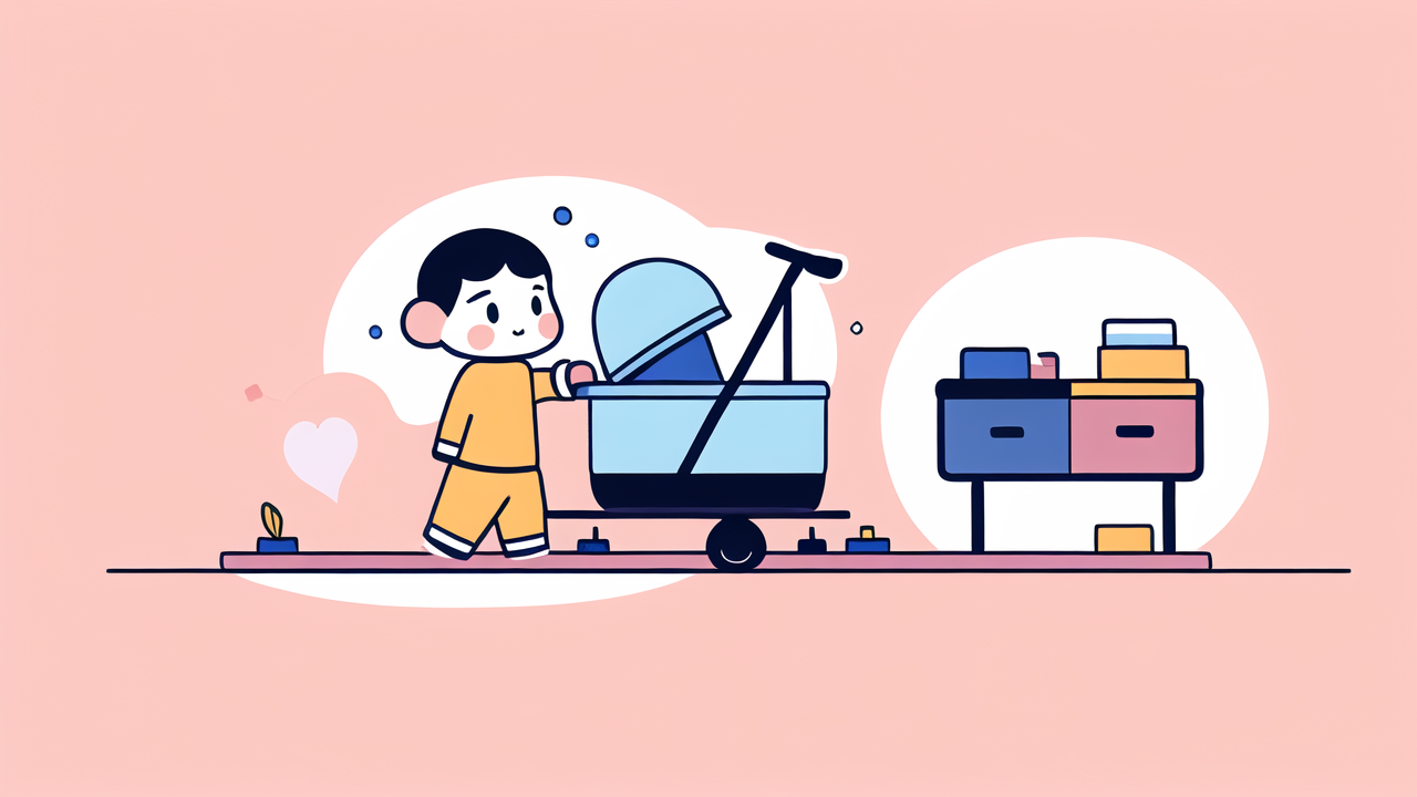 cup holder for stroller, Boy in yellow shirt pushing a blue stroller with cup holder, pink dresser in view