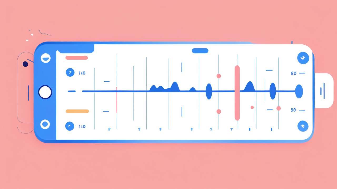 sport techs, smartphone showing vibrant blue music waveform on a playful pink background