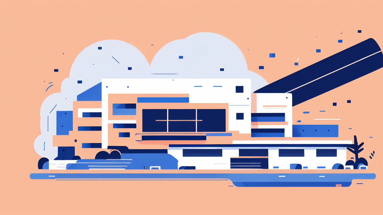 Modern building with UD Carbon Fiber, geometric shapes, blue-white-orange palette.