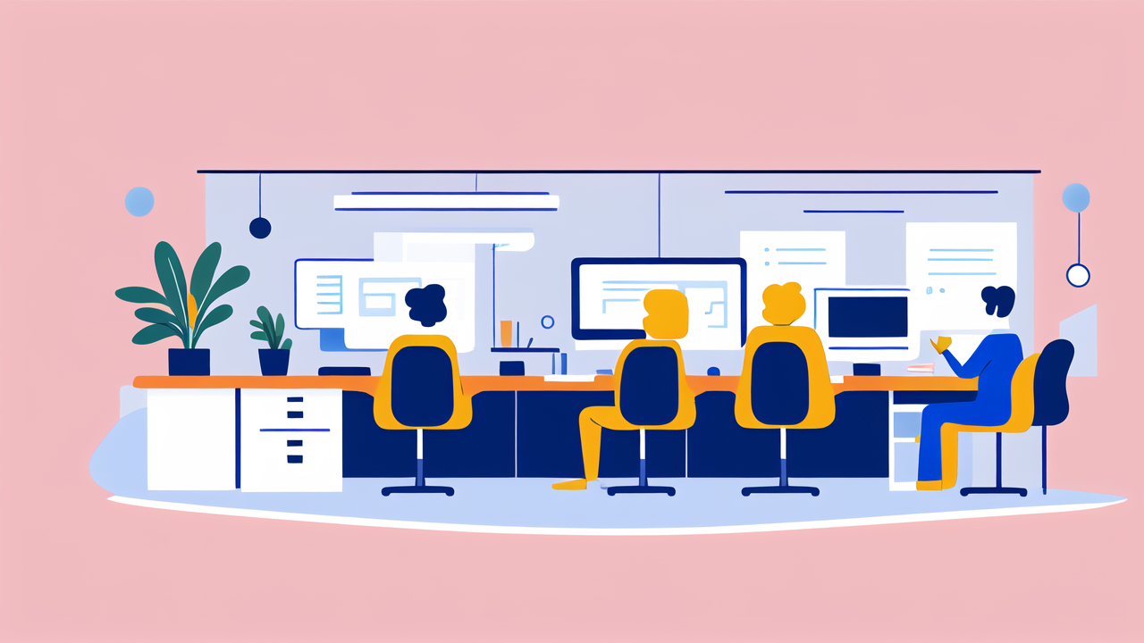 ergonomic recliner chair, Modern office with ergonomic chair, blue desks, pendant lights, whiteboard, bookshelf.
