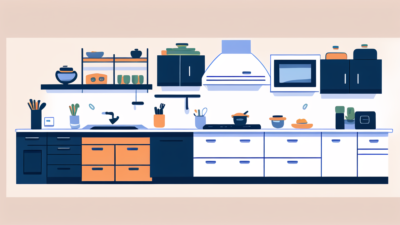 south african houses, Modern kitchen with space-saving furniture, blue countertops, and orange drawers