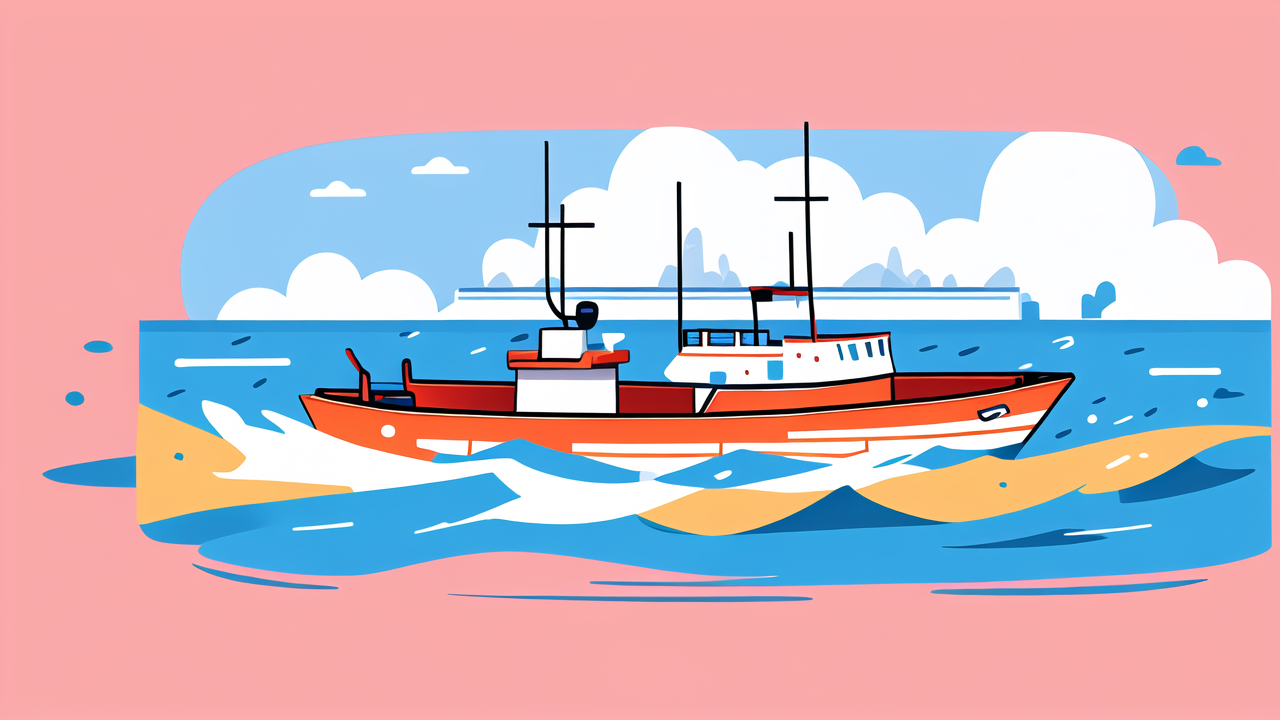 foot growth, Red and white fishing boat with masts and crane in ocean against pink sky backdrop