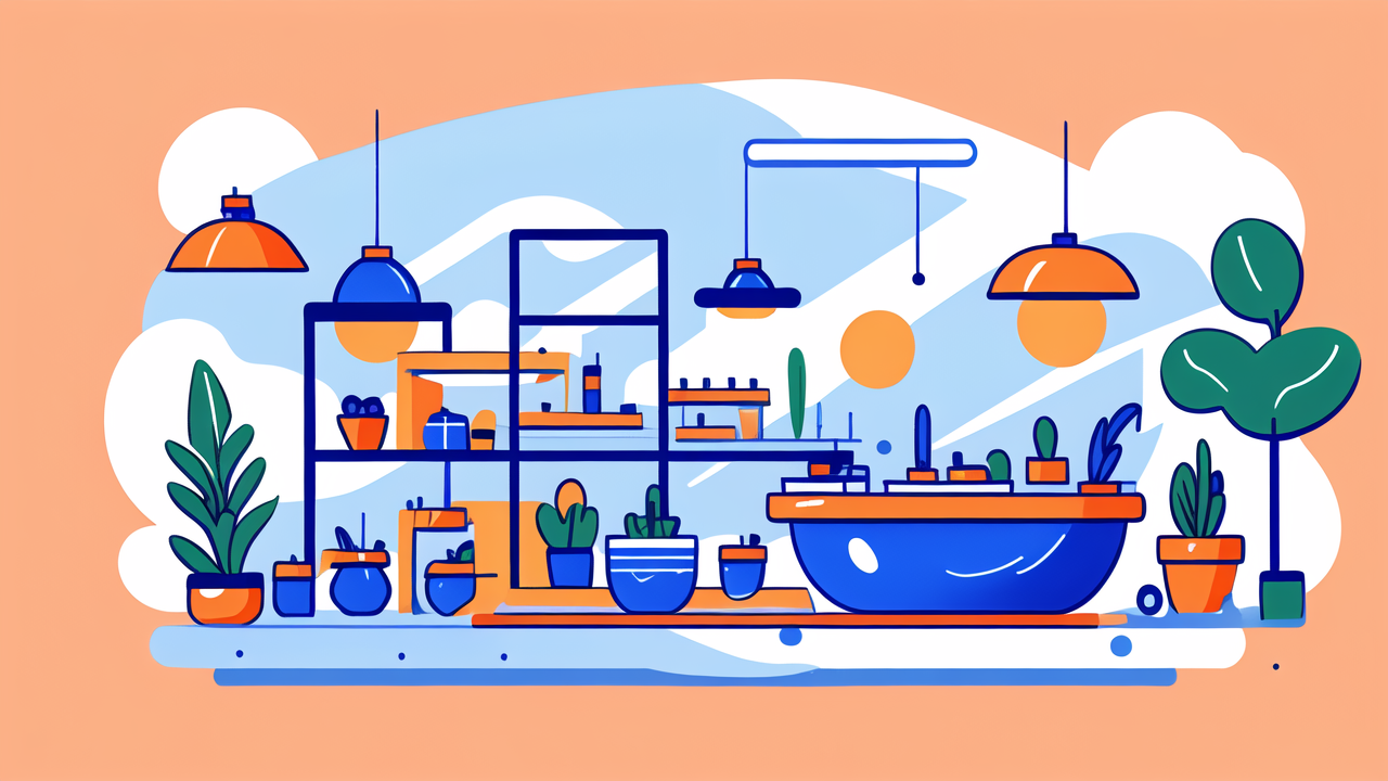 Vibrant kitchen scene with artistic bongs; features Australian lifestyle products.