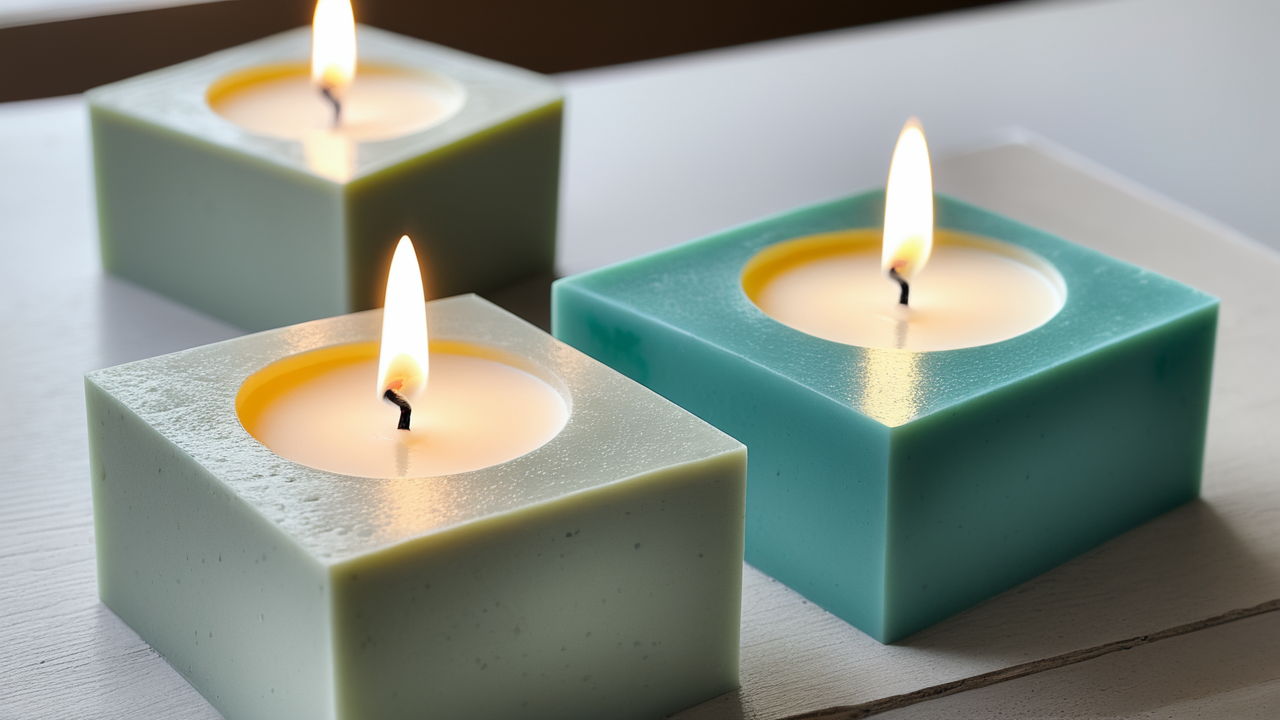 Square candles with tealight flames on blurred white background, Concrete Candle Molds