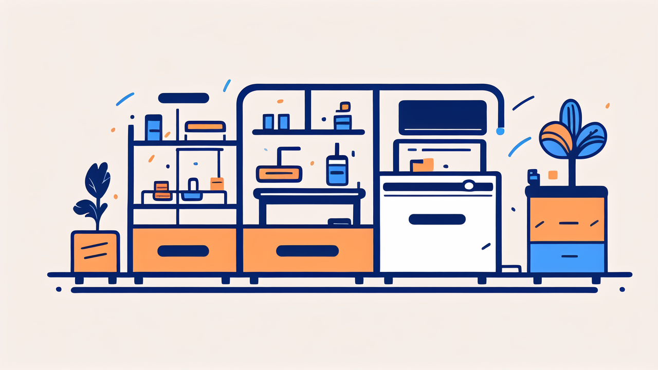 Modern kitchen with stylish smoking machine; smoking devices; blue, orange palette