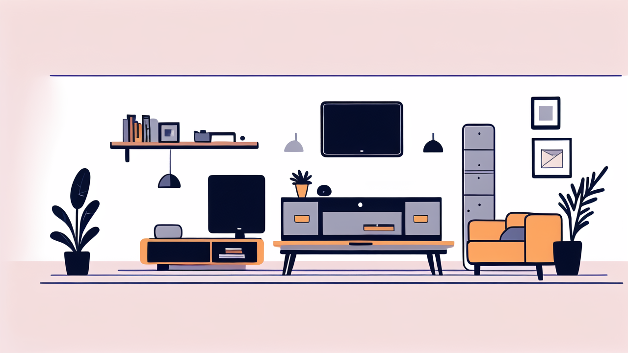 Smart Buy Furniture modern living room with TV, wooden unit, blue rug, and plants.