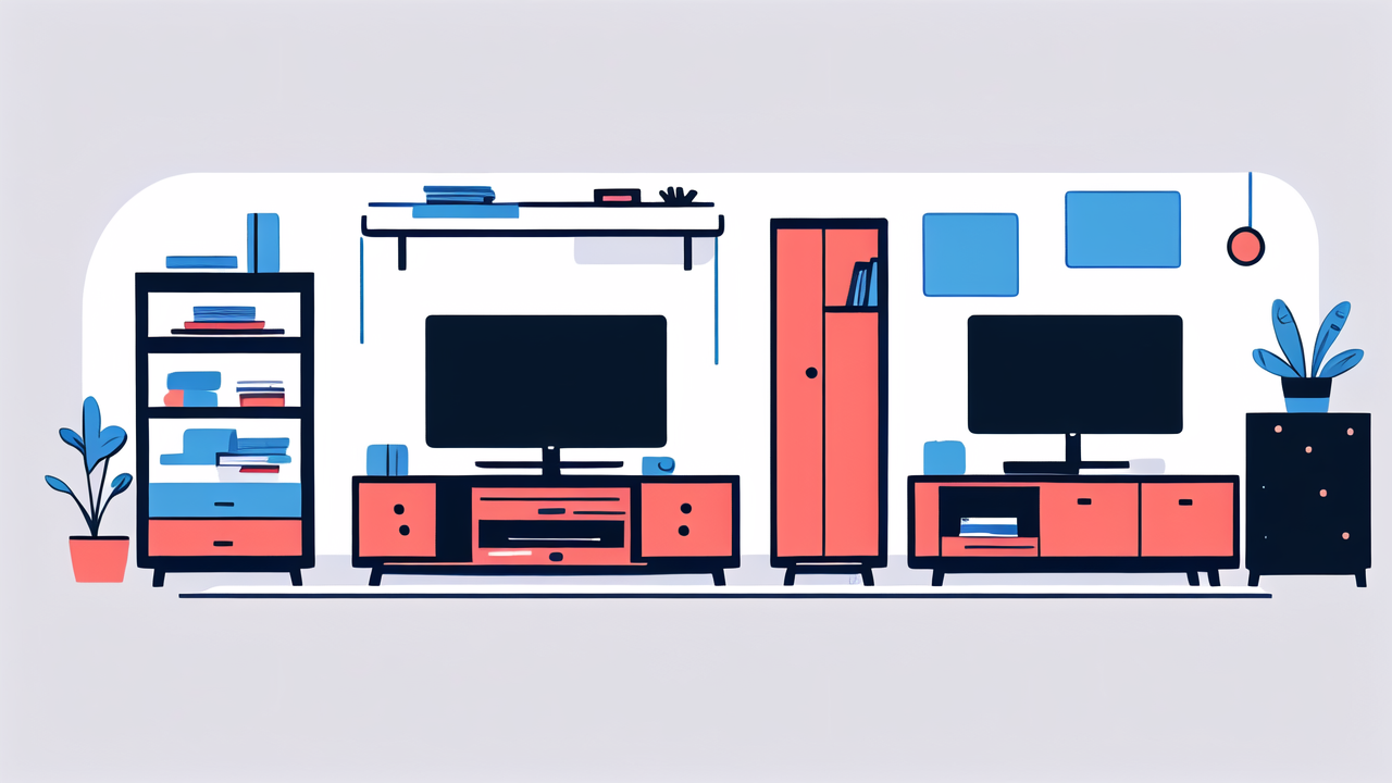 Modern living room with red TV units and bookshelf, featuring home speaker decor